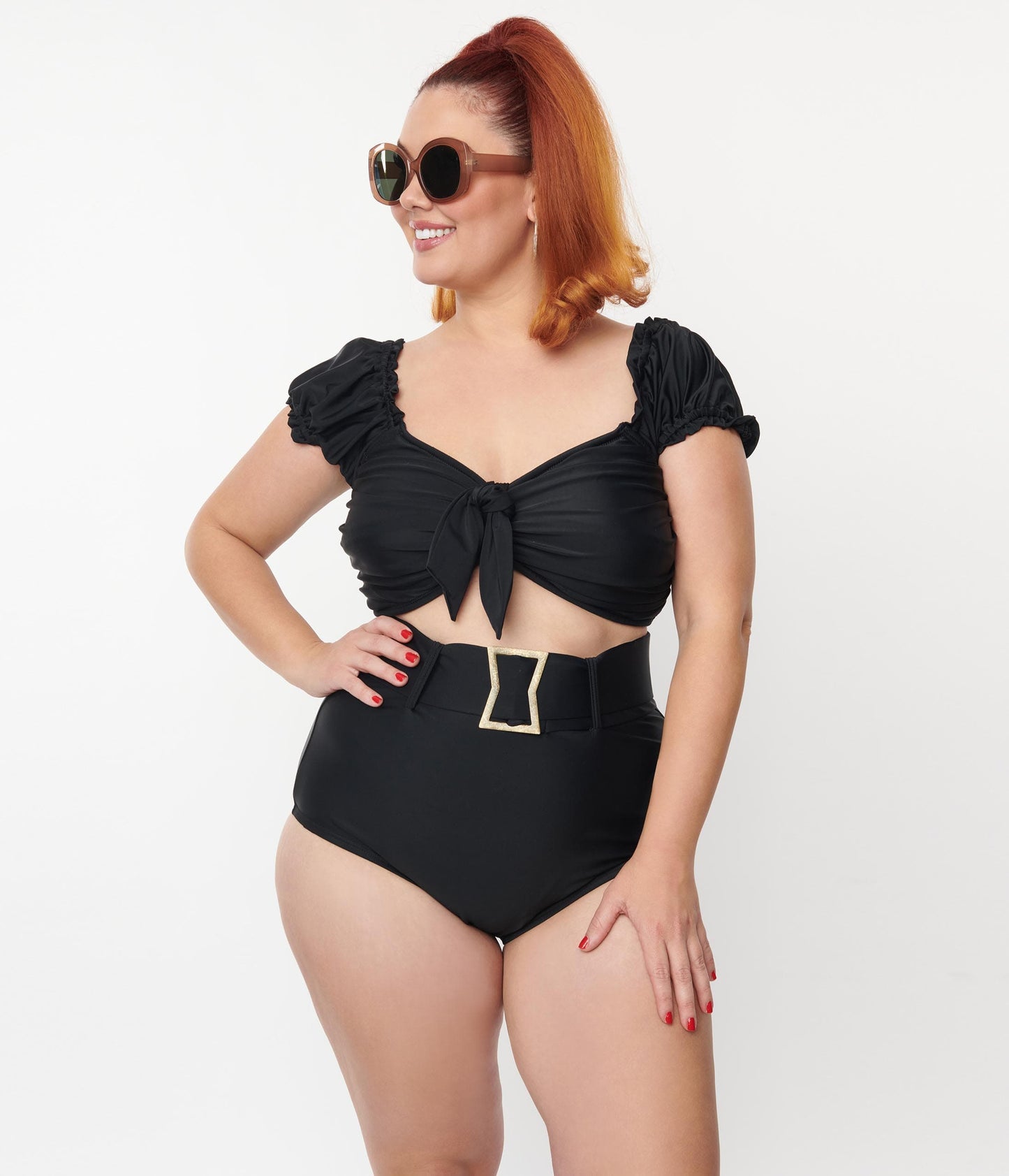 Unique Vintage Plus Size Black High Waist Belted Swim Bottom - Unique Vintage - Womens, SWIM, BOTTOM