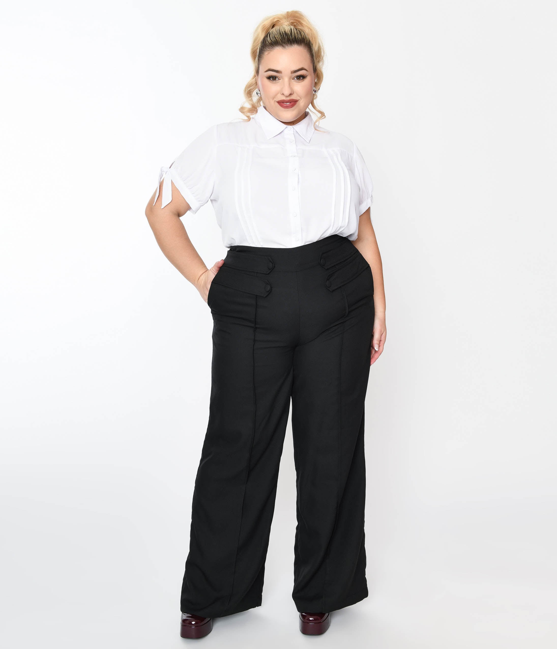 Unique Vintage Plus Size 1940s Black High Waist Wide Leg Tab Pants Unique Vintage Plus Size 1940s Black High Waist Wide Leg Tab Pants