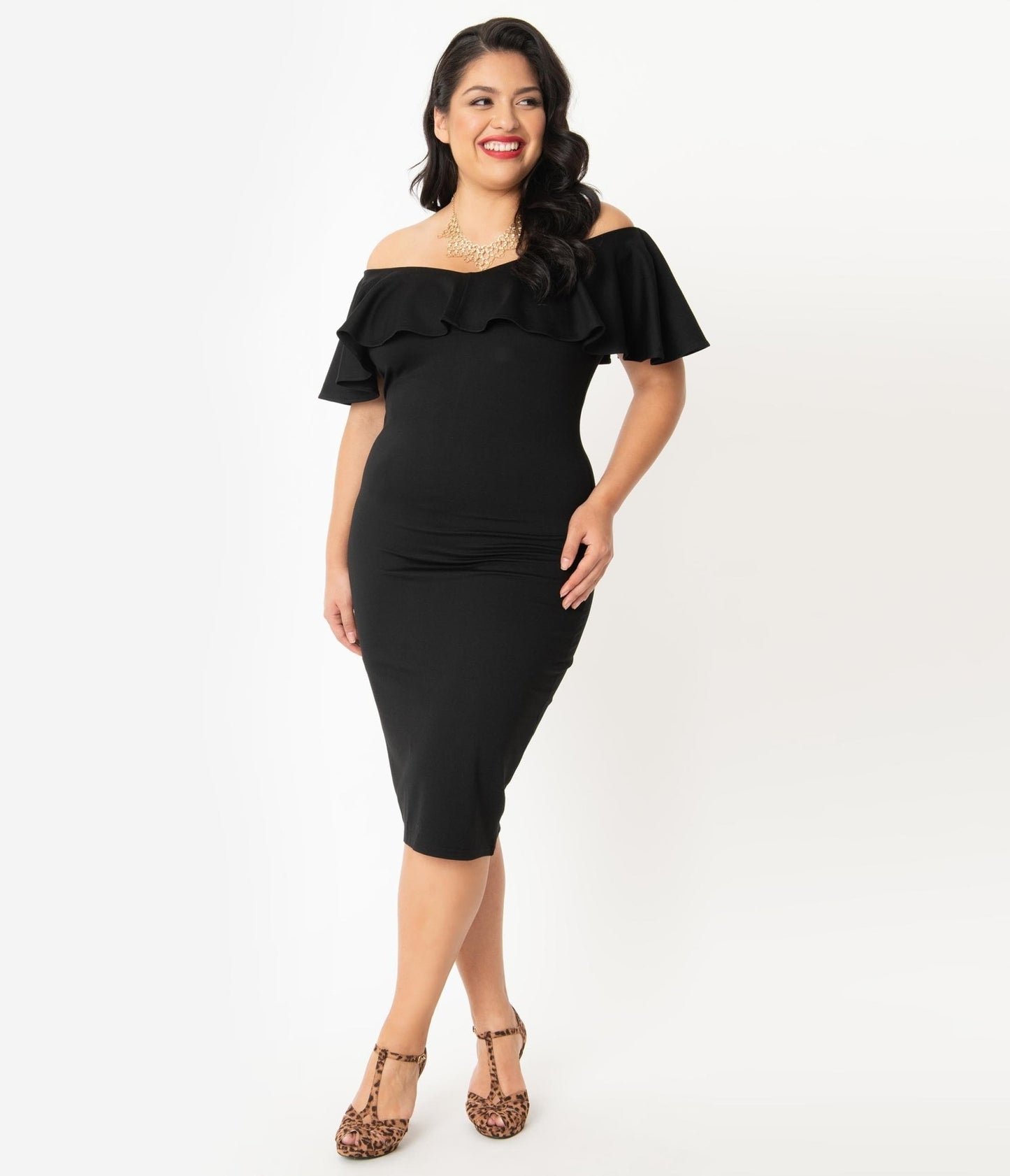 Unique Vintage Plus Size Black Knit Ruffle Sophia Wiggle Dress - Unique Vintage - Womens, DRESSES, WIGGLE