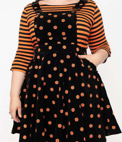 Unique Vintage Plus Size Black & Orange Pumpkin Patch Corduroy Pinafore Skirt - Unique Vintage - Womens, HALLOWEEN, BOTTOMS