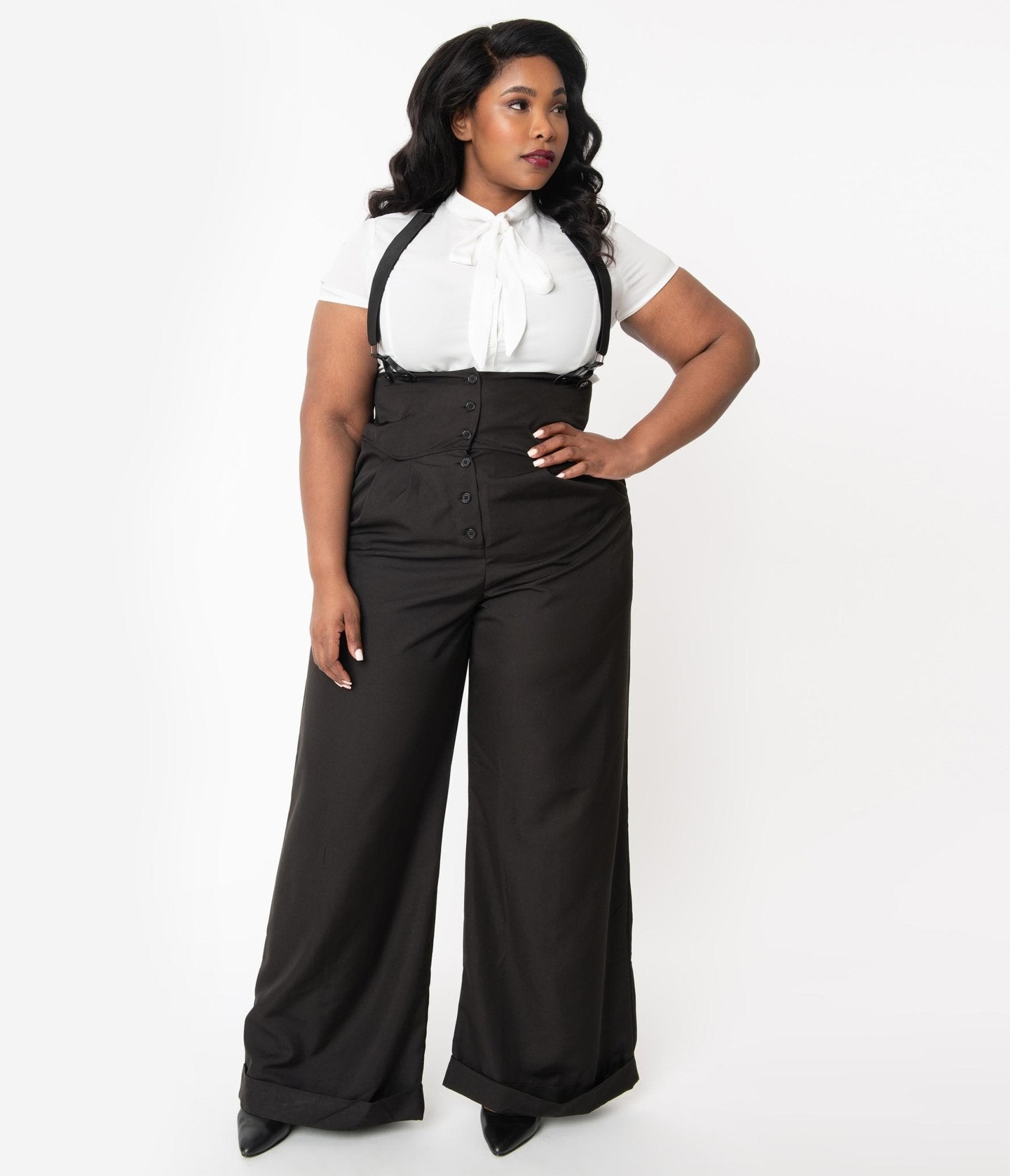Unique Vintage Plus Size 1930s Black Thelma Suspender Pants 4X/22-24 Unique Vintage Plus Size 1930s Black Thelma Suspender Pants 4X/22-24