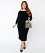 Unique Vintage Plus Size Black Velvet Sleeved Mod Wiggle Dress