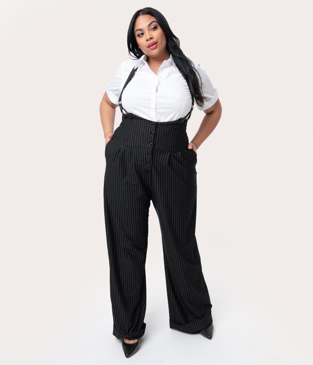 Unique Vintage Plus Size 1930s Black & White Pin Stripe Thelma Suspender Pants 5X/26 Unique Vintage Plus Size 1930s Black & White Pin Stripe Thelma Suspender Pants 5X/26
