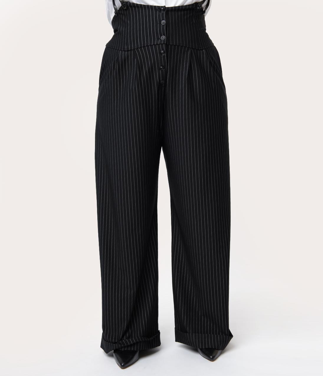 Unique Vintage Plus Size Black & White Pin Stripe Thelma Suspender Pants - Unique Vintage - Womens, BOTTOMS, PANTS