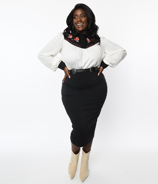 Unique Vintage Plus Size Black White Western Floral Yoke Wiggle Dress