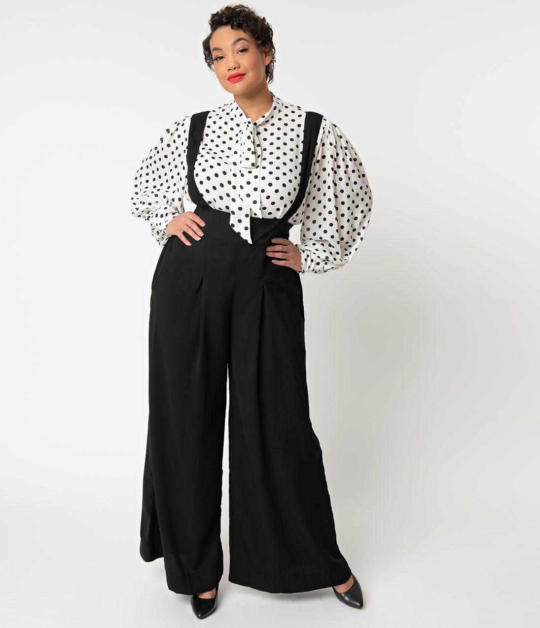 Unique Vintage Plus Size Black Wide Leg Rochelle Suspender Pants - Unique Vintage - Womens, BOTTOMS, PANTS