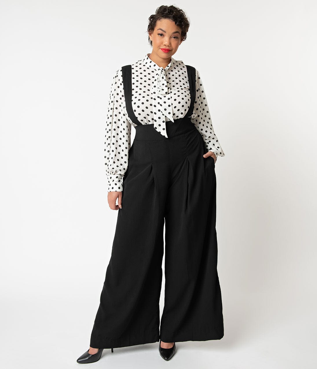 Unique Vintage Plus Size Black Wide Leg Rochelle Suspender Pants - Unique Vintage - Womens, BOTTOMS, PANTS