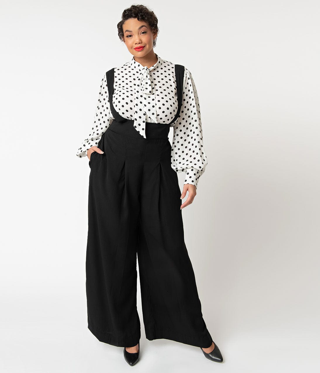 Unique Vintage Plus Size Black Wide Leg Rochelle Suspender Pants - Unique Vintage - Womens, BOTTOMS, PANTS