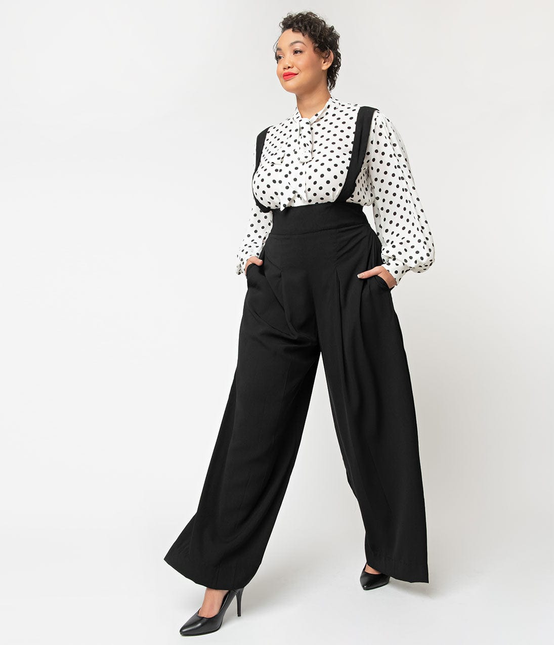 Unique Vintage Plus Size Black Wide Leg Rochelle Suspender Pants - Unique Vintage - Womens, BOTTOMS, PANTS