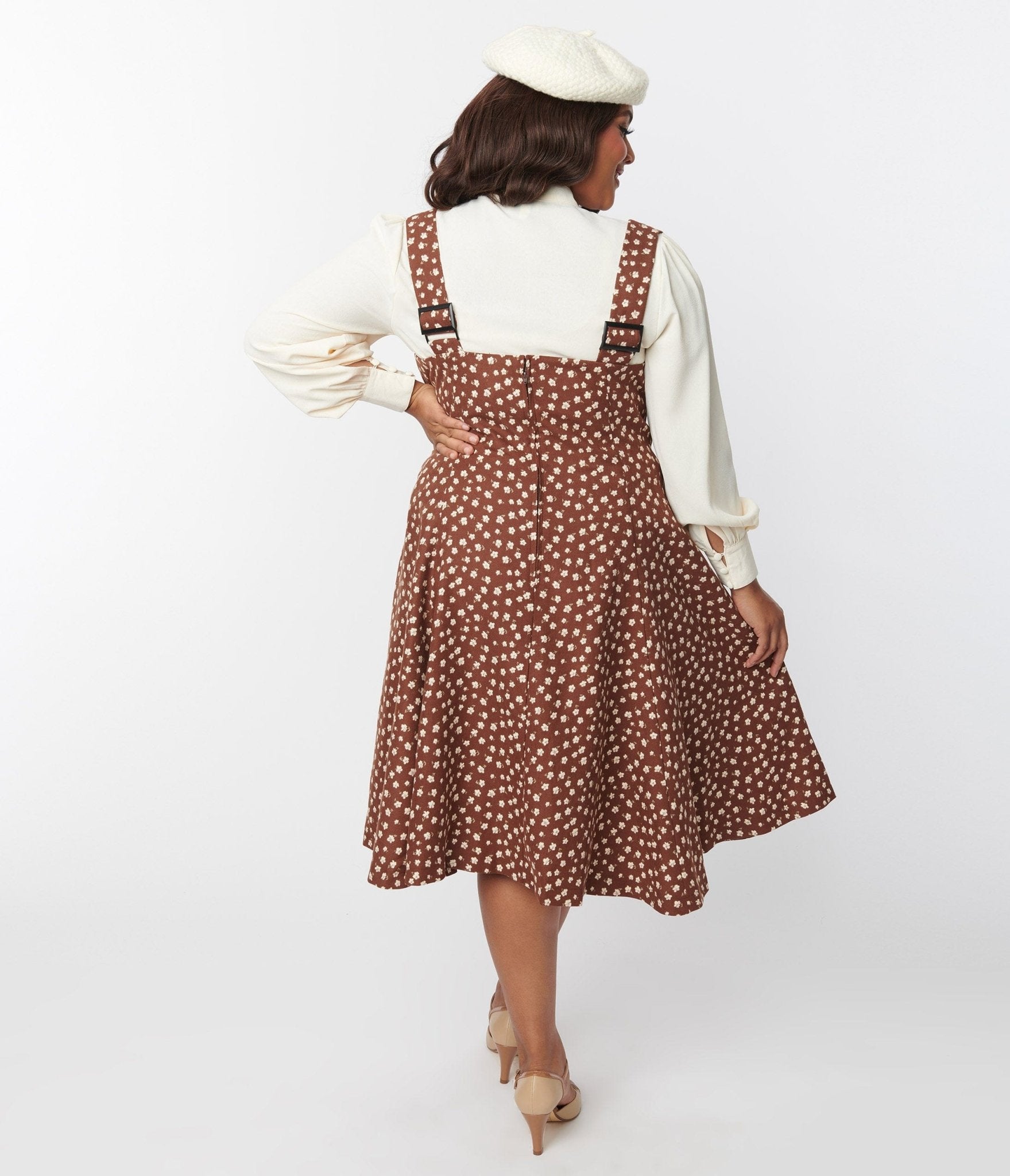 Unique Vintage Plus Size Brown & Cream Floral Amma Suspender Swing Skirt - Unique Vintage - Womens, BOTTOMS, SKIRTS