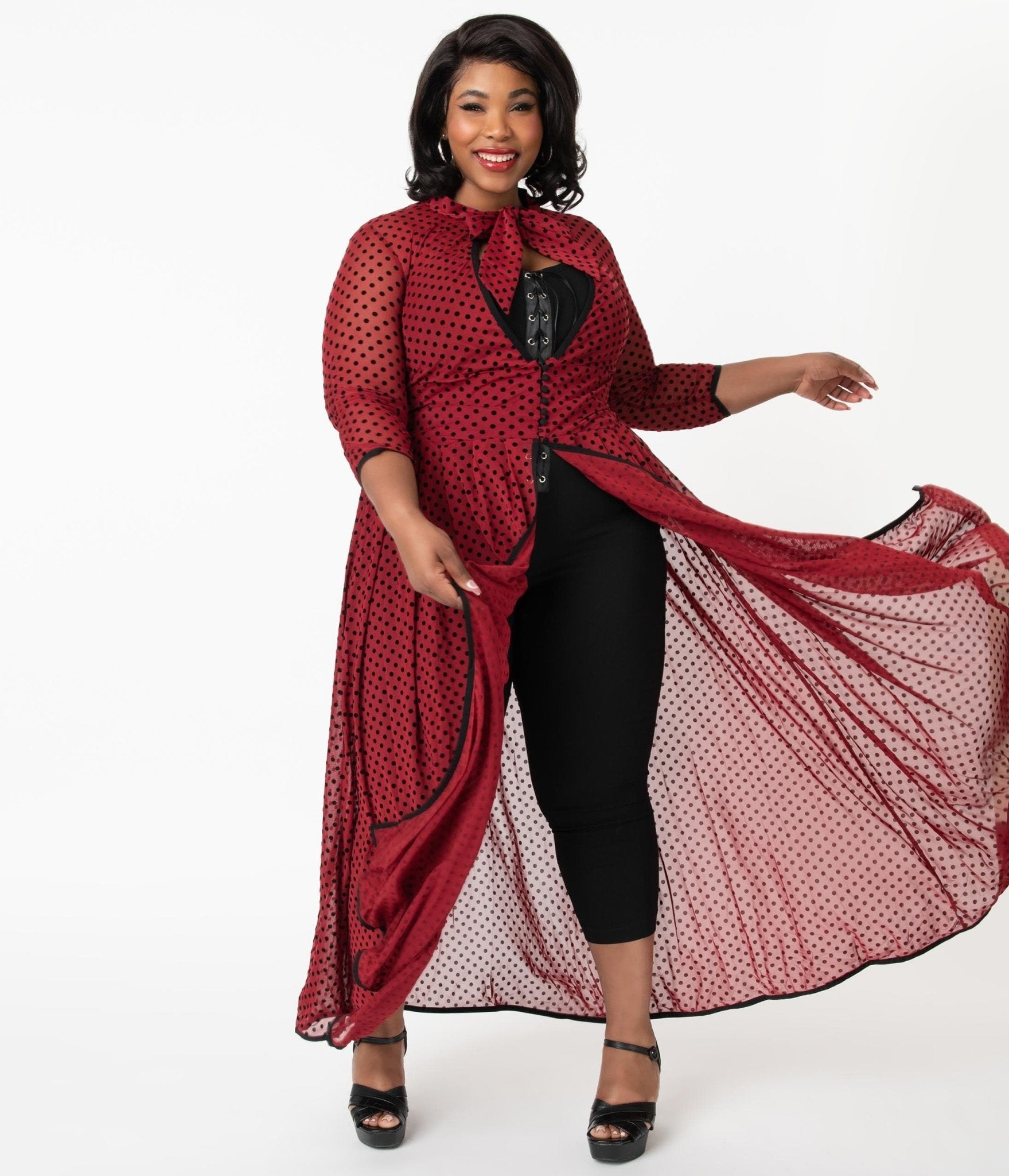 Unique Vintage Plus Size Burgundy & Black Swiss Dots Tallullah Duster - Unique Vintage - Womens, DRESSES, MAXI