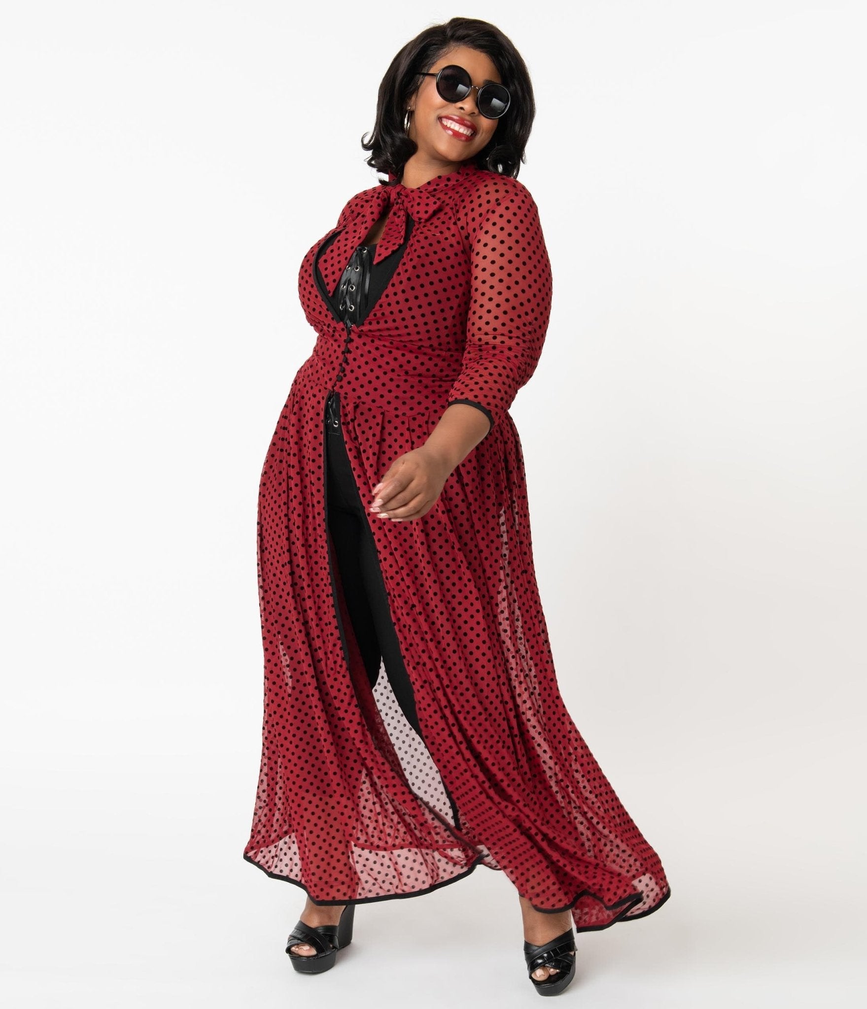 Unique Vintage Plus Size Burgundy & Black Swiss Dots Tallullah Duster - Unique Vintage - Womens, DRESSES, MAXI