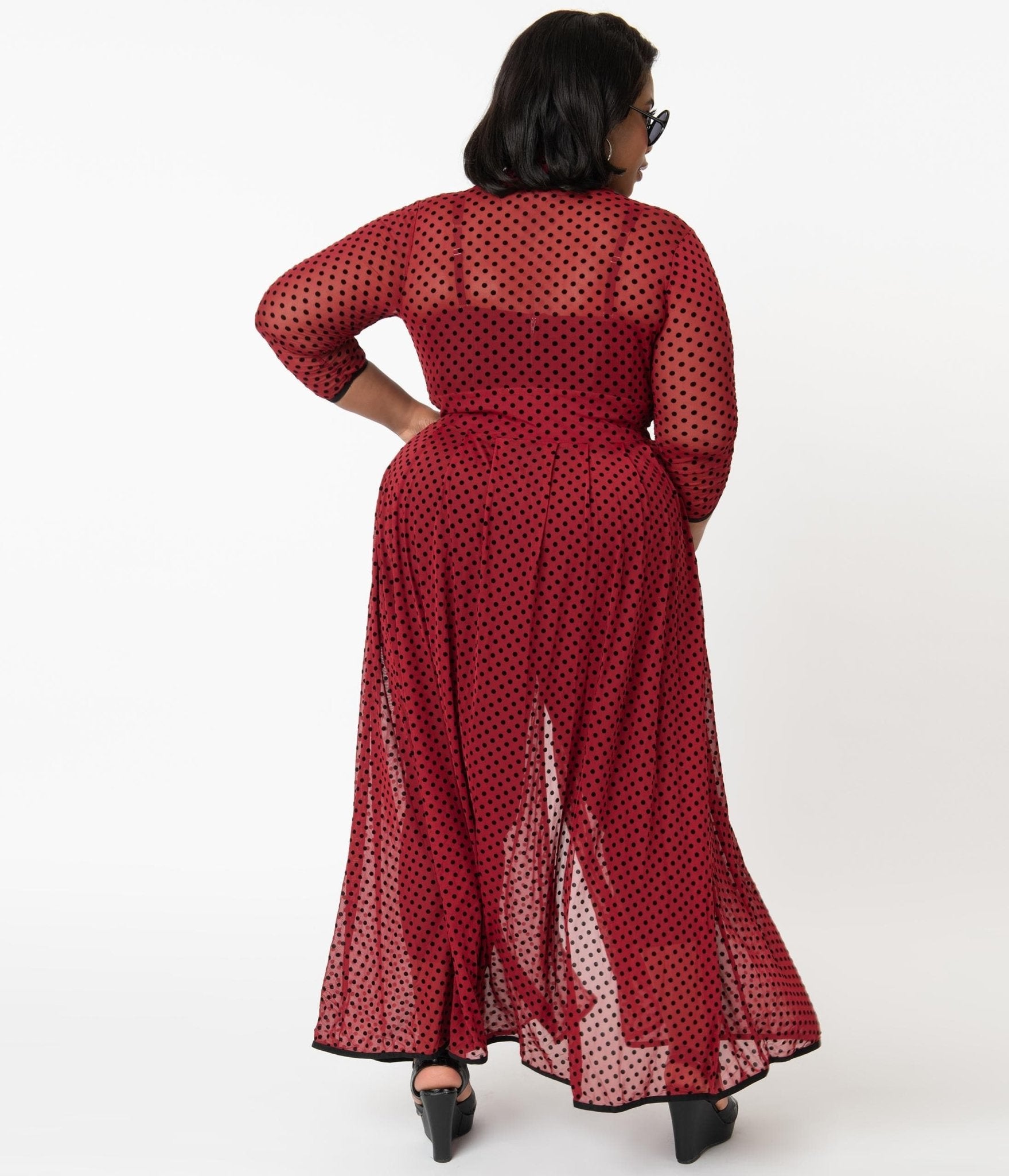 Unique Vintage Plus Size Burgundy & Black Swiss Dots Tallullah Duster - Unique Vintage - Womens, DRESSES, MAXI