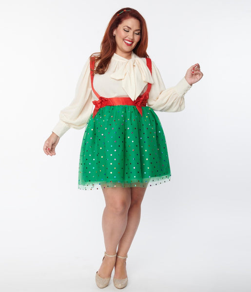 Unique Vintage Plus Size Green Multi Polka Dot Tulle Suspender Mini