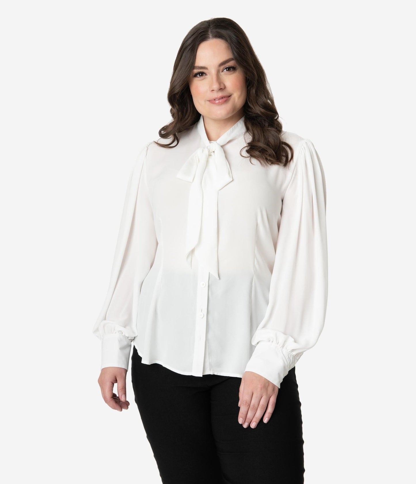 Unique Vintage Plus Size White Neck Tie Gwen Blouse - Unique Vintage - Womens, TOPS, WOVEN TOPS