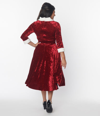 Unique Vintage Red Crushed Velvet & Ivory Fur Delores Swing Dress - Unique Vintage - Womens, DRESSES, SWING