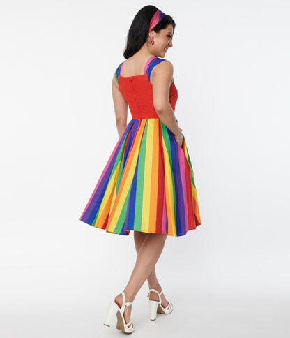 Unique Vintage Red & Rainbow Stripe Swing Dress - Unique Vintage - Womens, DRESSES, SWING