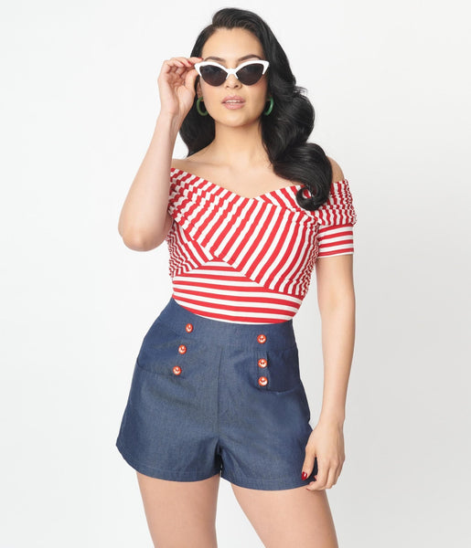 Retro Vintage Unique Vintage Red White Striped Off Shoulder