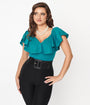 Unique Vintage Teal Ruffle Frenchie Knit Top