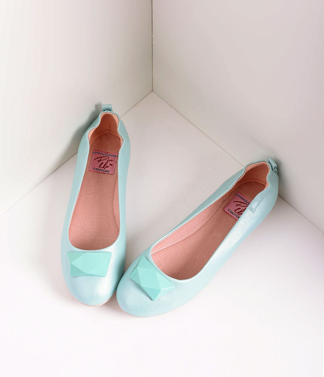 Vintage Style Aqua Blue Leatherette & Geometric Gem Ballet Flats - Unique Vintage - Womens, SHOES, FLATS