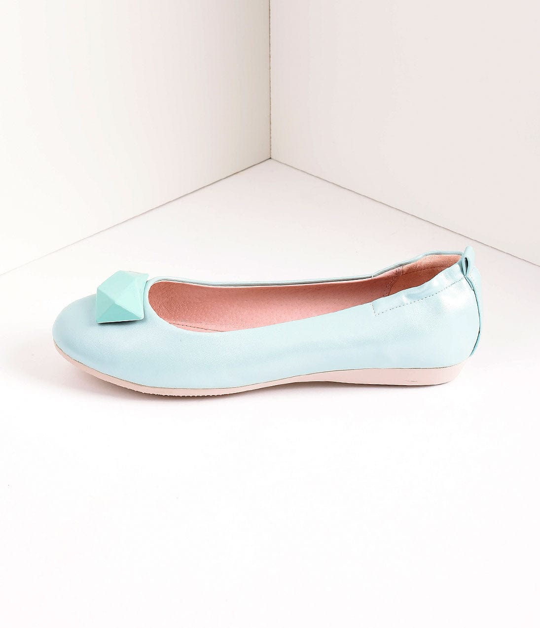 Vintage Style Aqua Blue Leatherette & Geometric Gem Ballet Flats - Unique Vintage - Womens, SHOES, FLATS