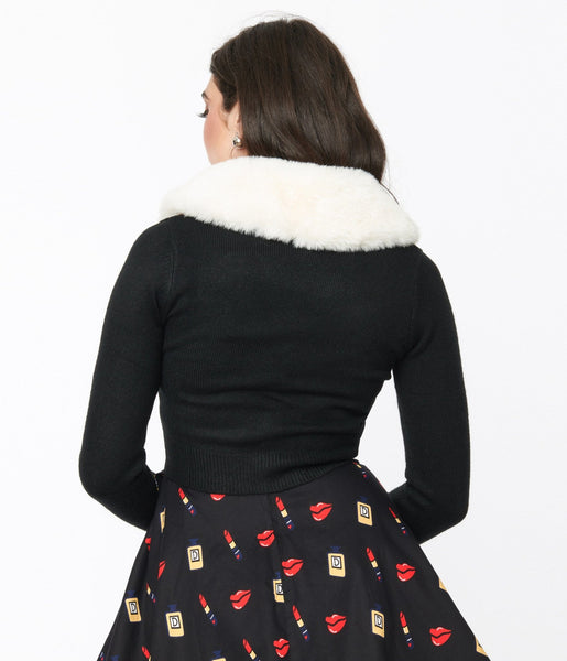 ★COOR★ Top fill wool collar cardigan (black) Voodoo Vixen Black Faux Fur Collar Cropped Cardigan – Unique