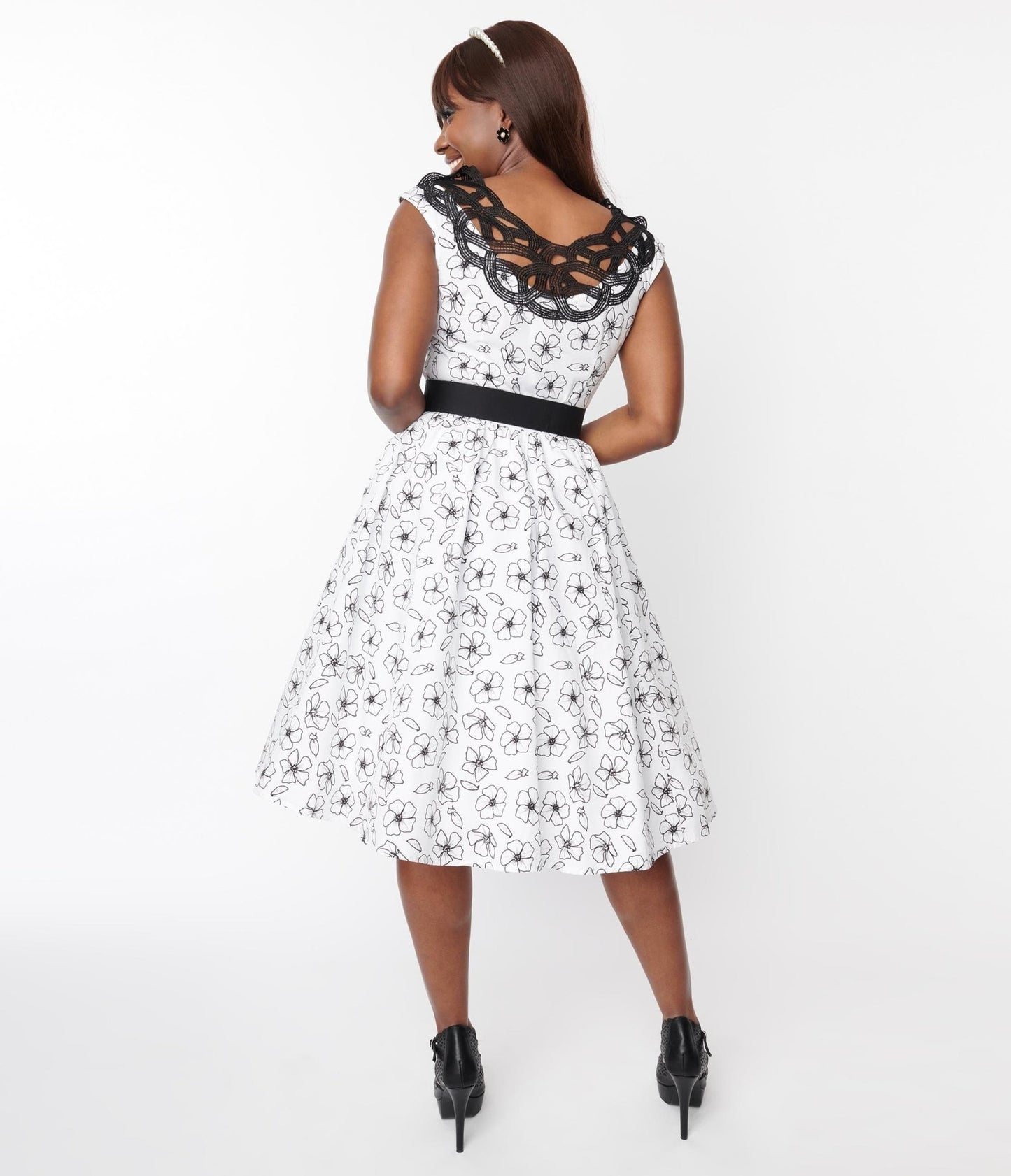 White & Black Floral Belted Swing Dress - Unique Vintage - Womens, DRESSES, SWING