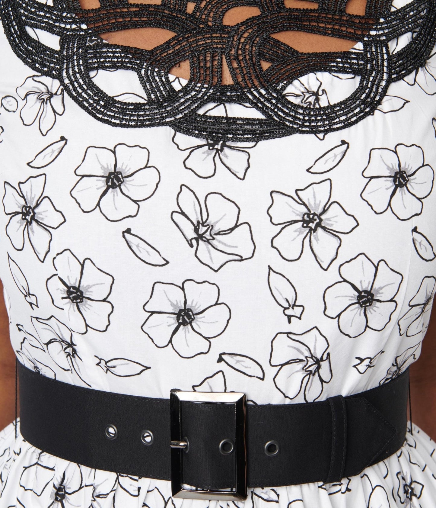 White & Black Floral Belted Swing Dress - Unique Vintage - Womens, DRESSES, SWING