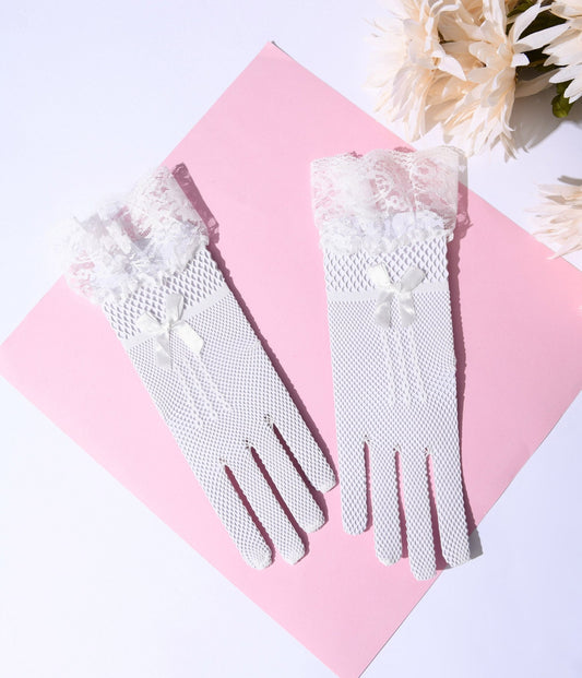 White Fishnet & Lace Trim Gloves - Unique Vintage - Womens, ACCESSORIES, GLOVES/SCARVES