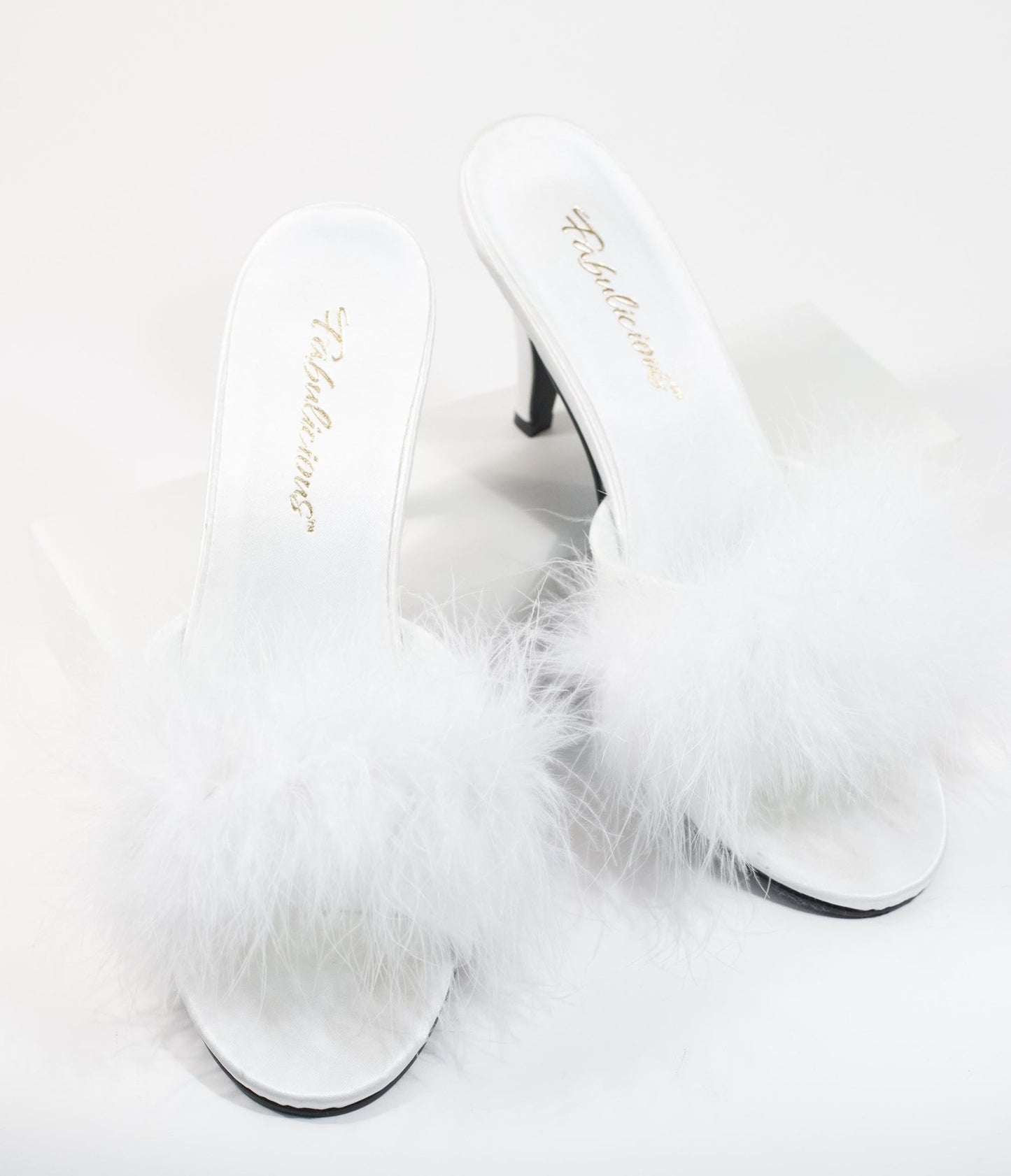 White Marabou Feather Peep Toe Slipper Heel - Unique Vintage - Womens, SHOES, HEELS