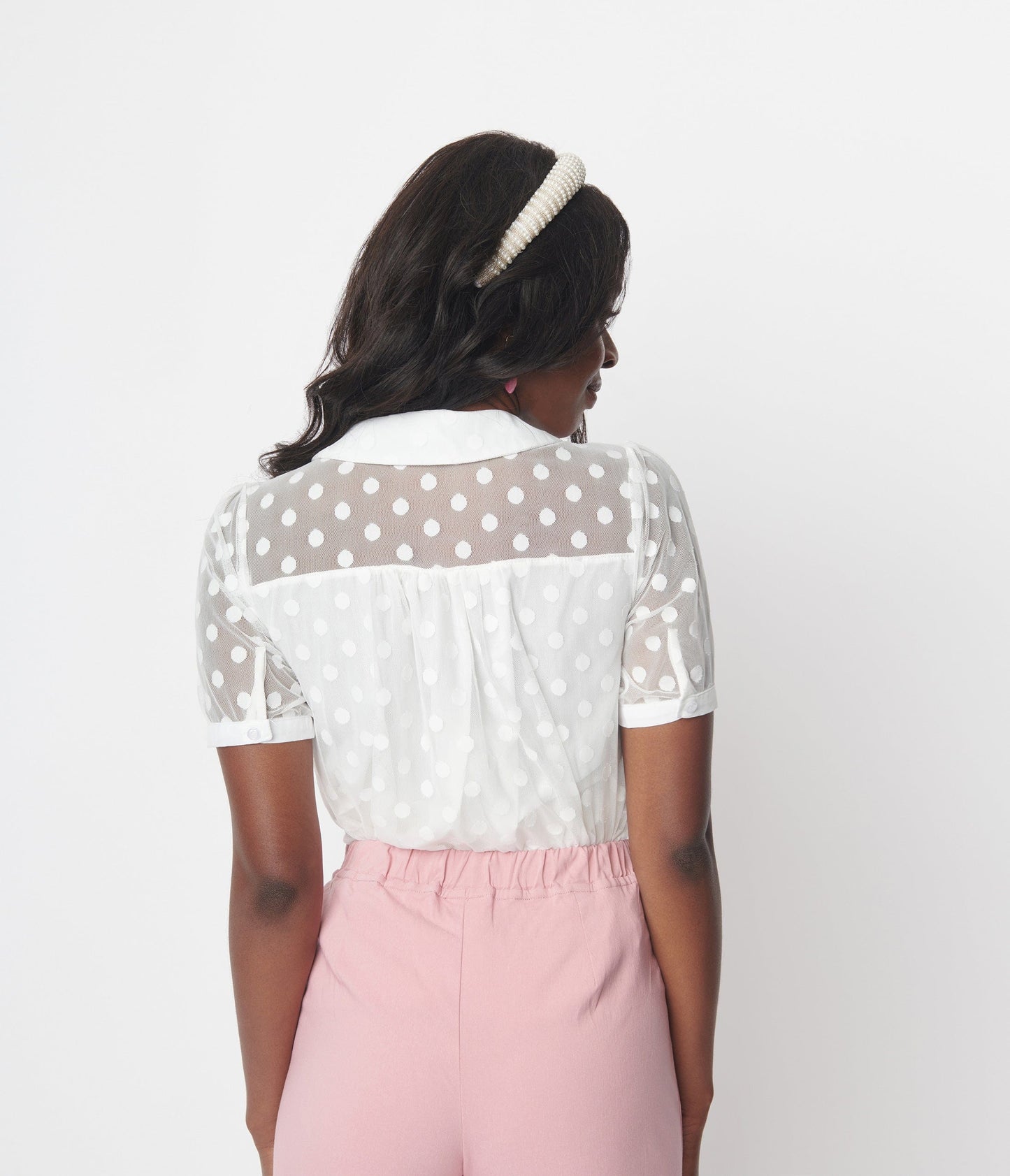 White Polka Dot Mesh Button Down Top - Unique Vintage - Womens, TOPS, WOVEN TOPS