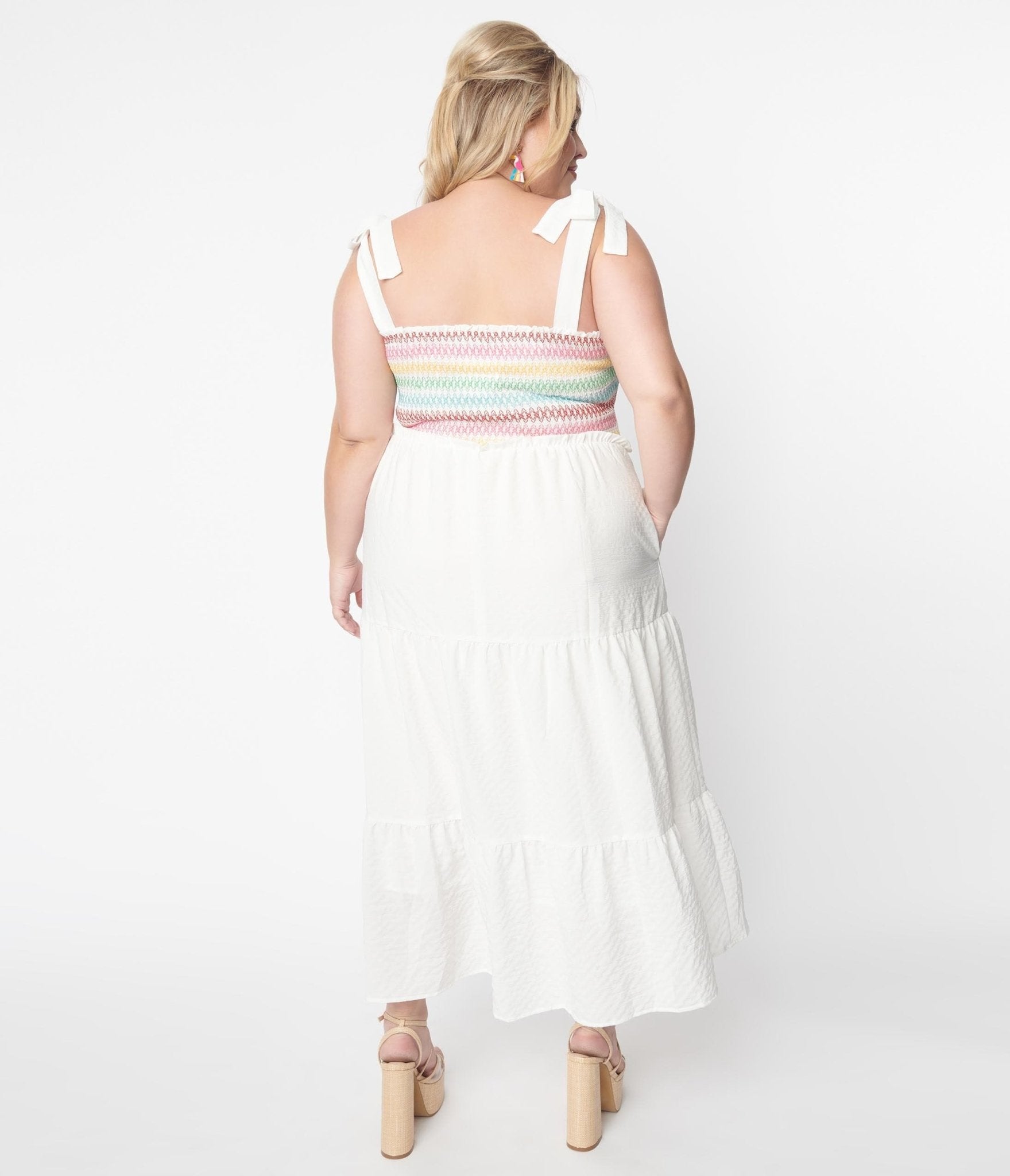 White & Rainbow Stitch Bodice Tiered Maxi Dress - Unique Vintage - Womens, DRESSES, MAXI
