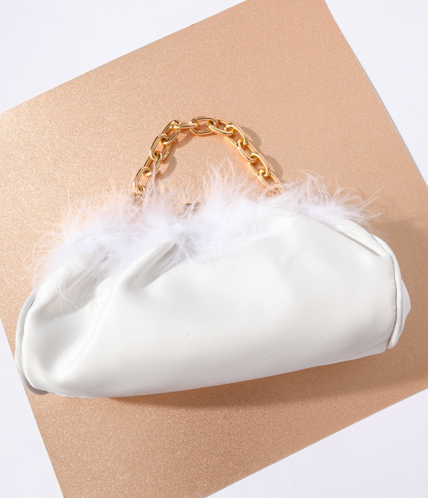 White Satin & Fur Trim Clutch Handbag - Unique Vintage - Womens, ACCESSORIES, HANDBAGS