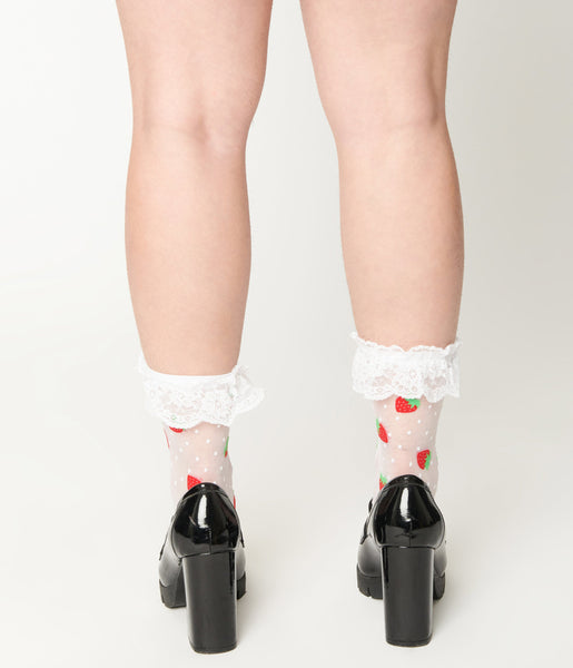 White Strawberry Dot Ruffled Ankle Socks – Unique Vintage