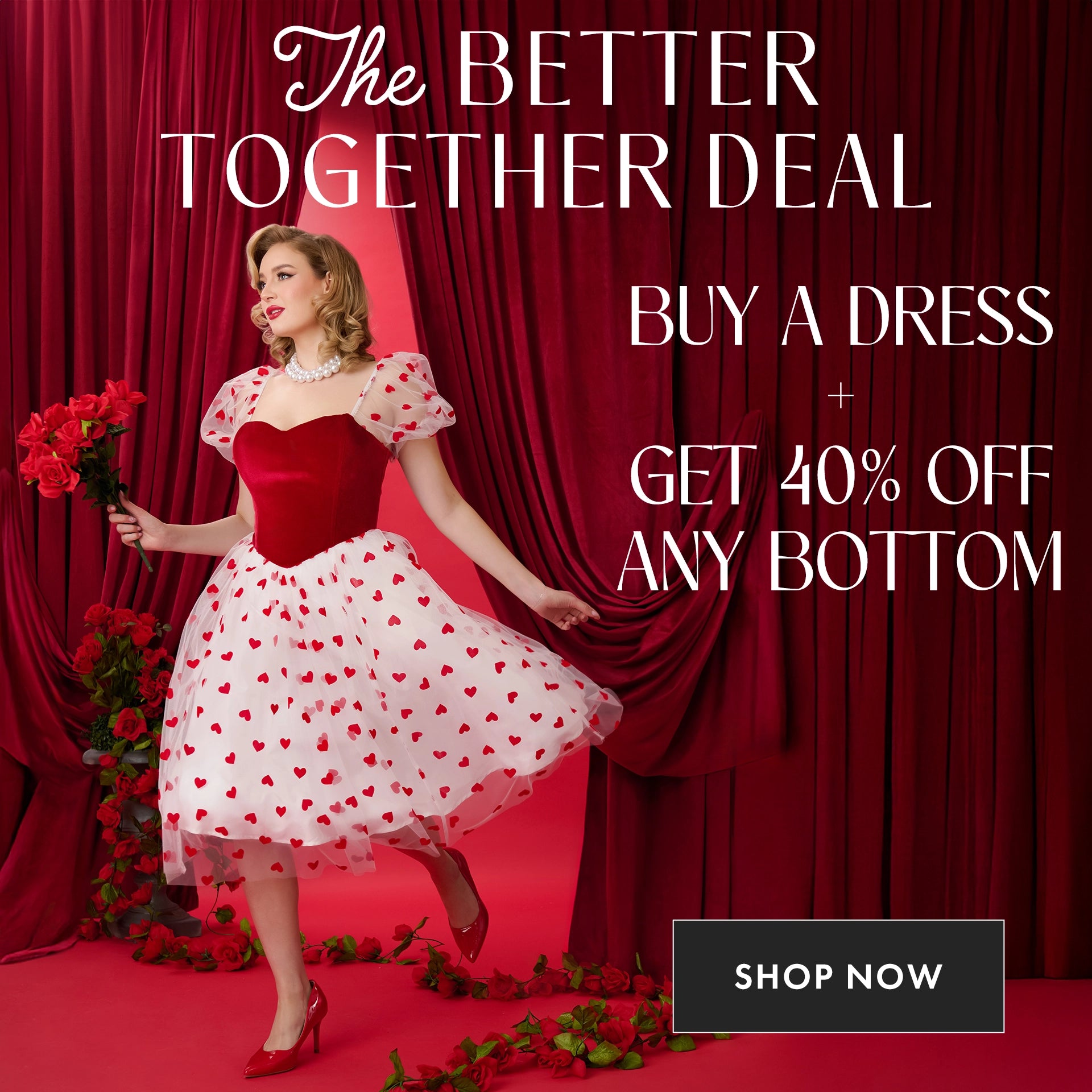 Woman in a red and white dress with heart patterns against a red curtain background, promotional text overlay.