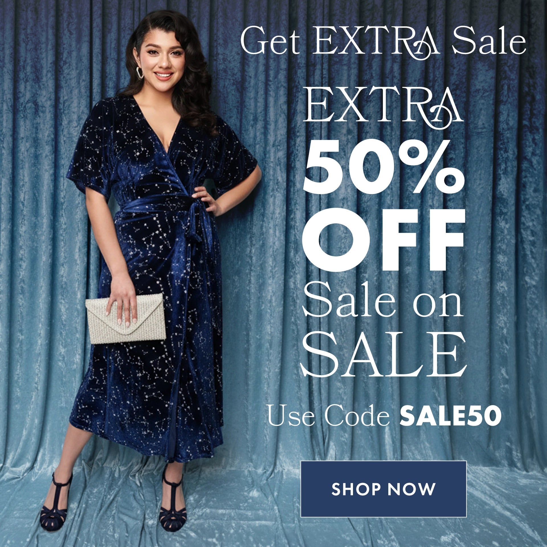 Woman in a blue dress with a sale promotion text overlay on a blue curtain background