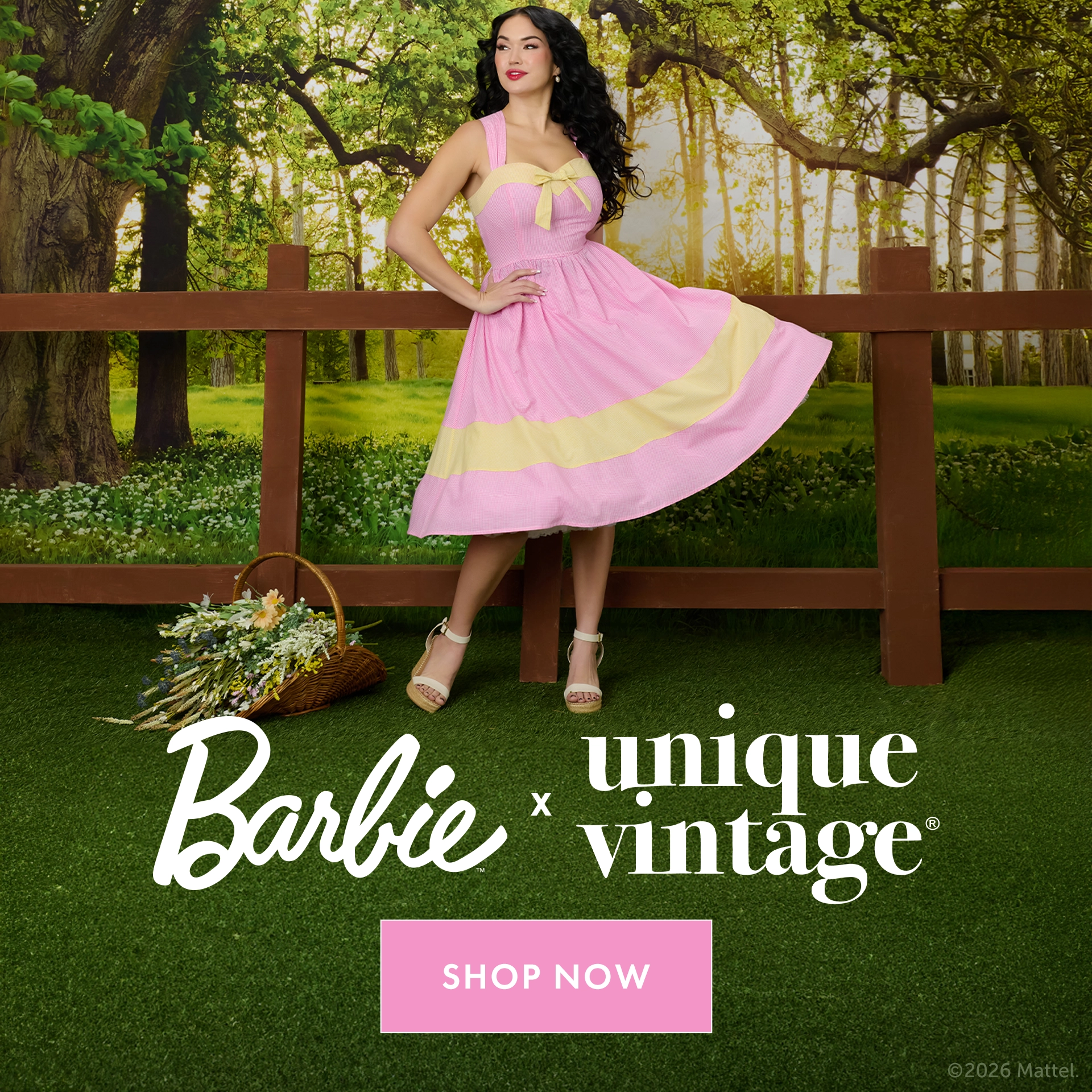 Woman in a pink dress standing next to a wooden fence with 'Barbie x Unique Vintage' text and 'Shop Now' button.