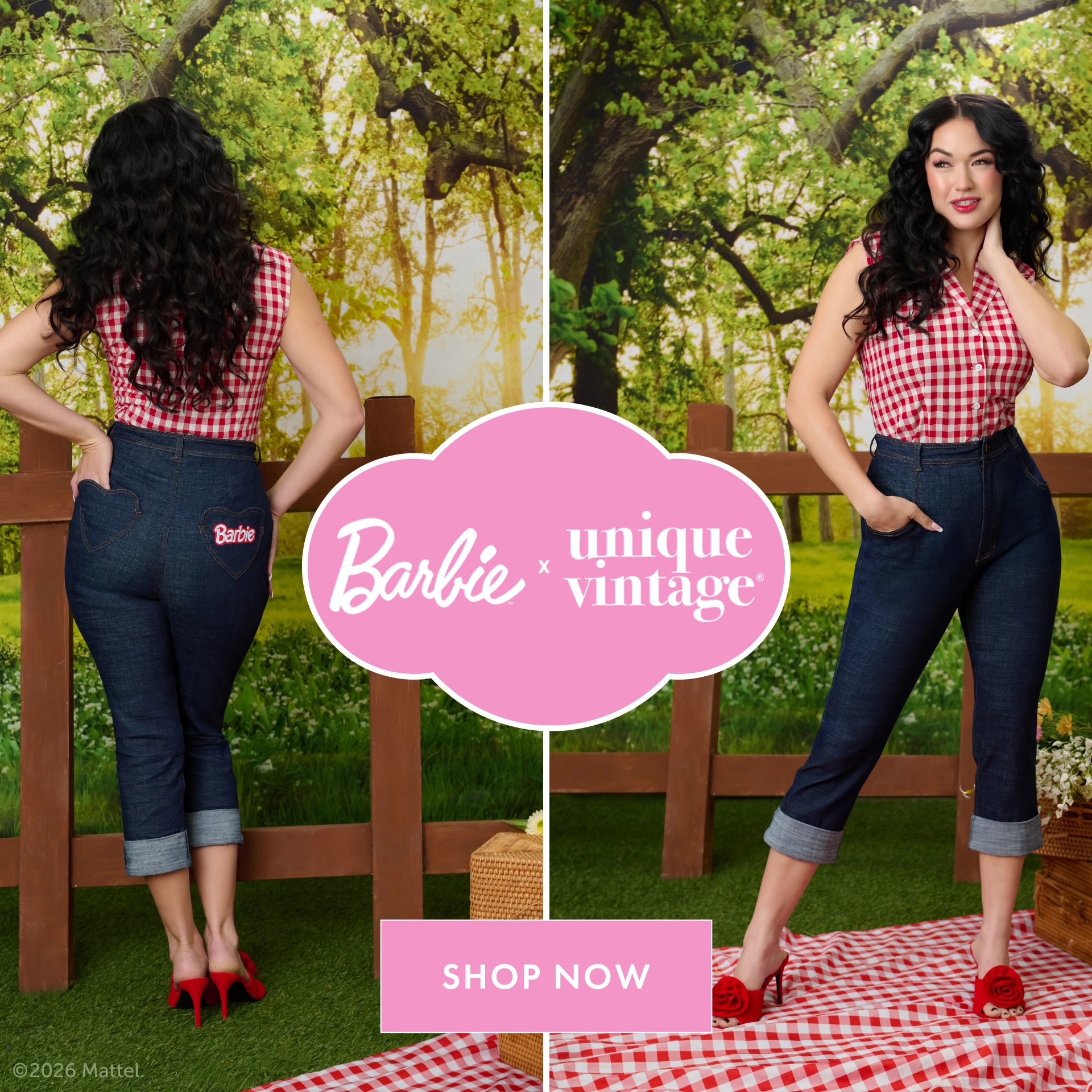 Woman in a checkered top and jeans with 'Barbie unique vintage' branding in a park setting.