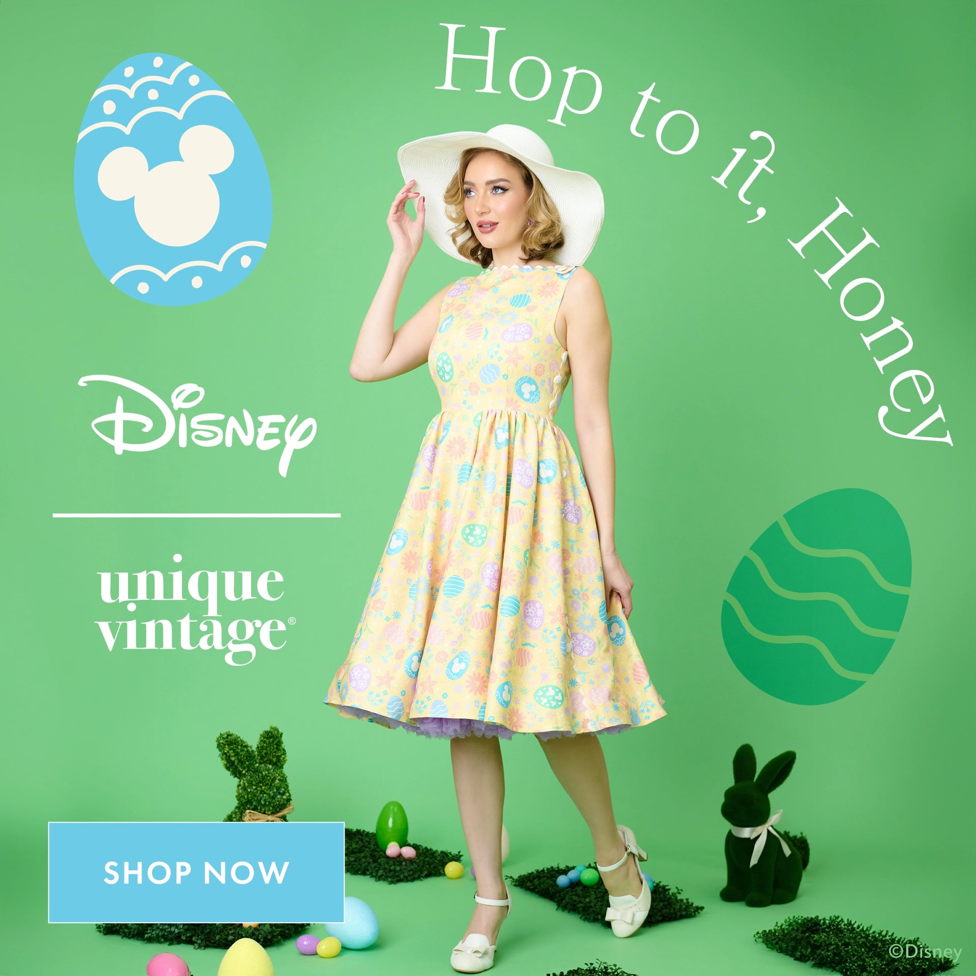 Woman in a floral dress with Easter decorations on a green background, featuring Disney branding.