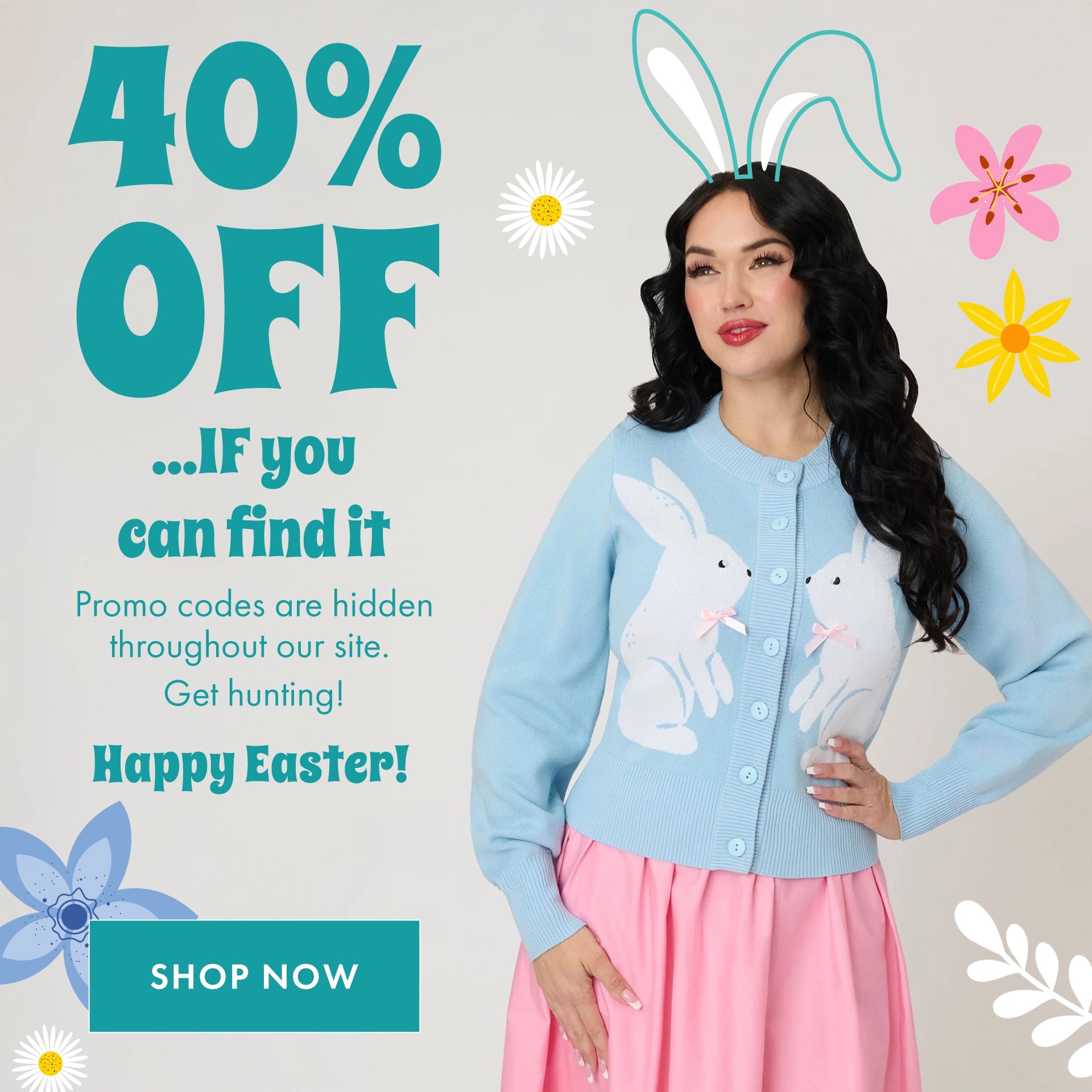 Woman wearing a blue sweater with bunny designs and pink skirt, surrounded by Easter decorations and promotional text.