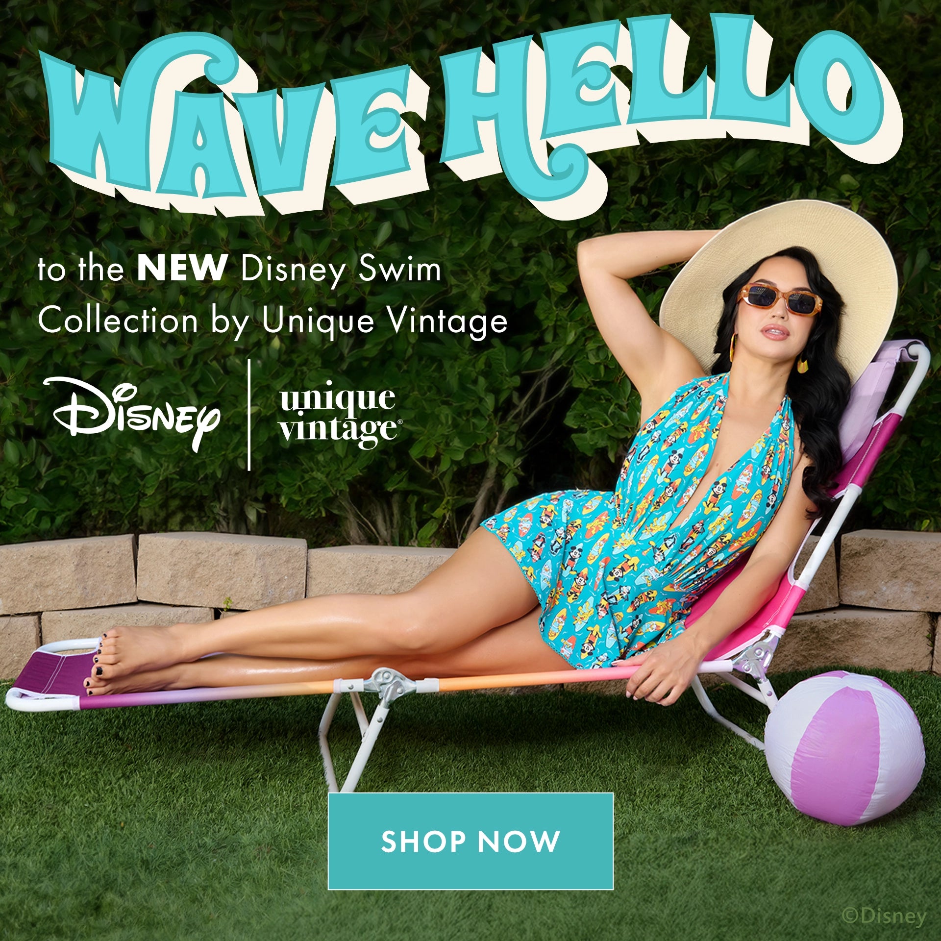 Woman in a Disney-themed swimsuit lying on a lounge chair with 'Wave Hello' text and Disney and Unique Vintage logos.