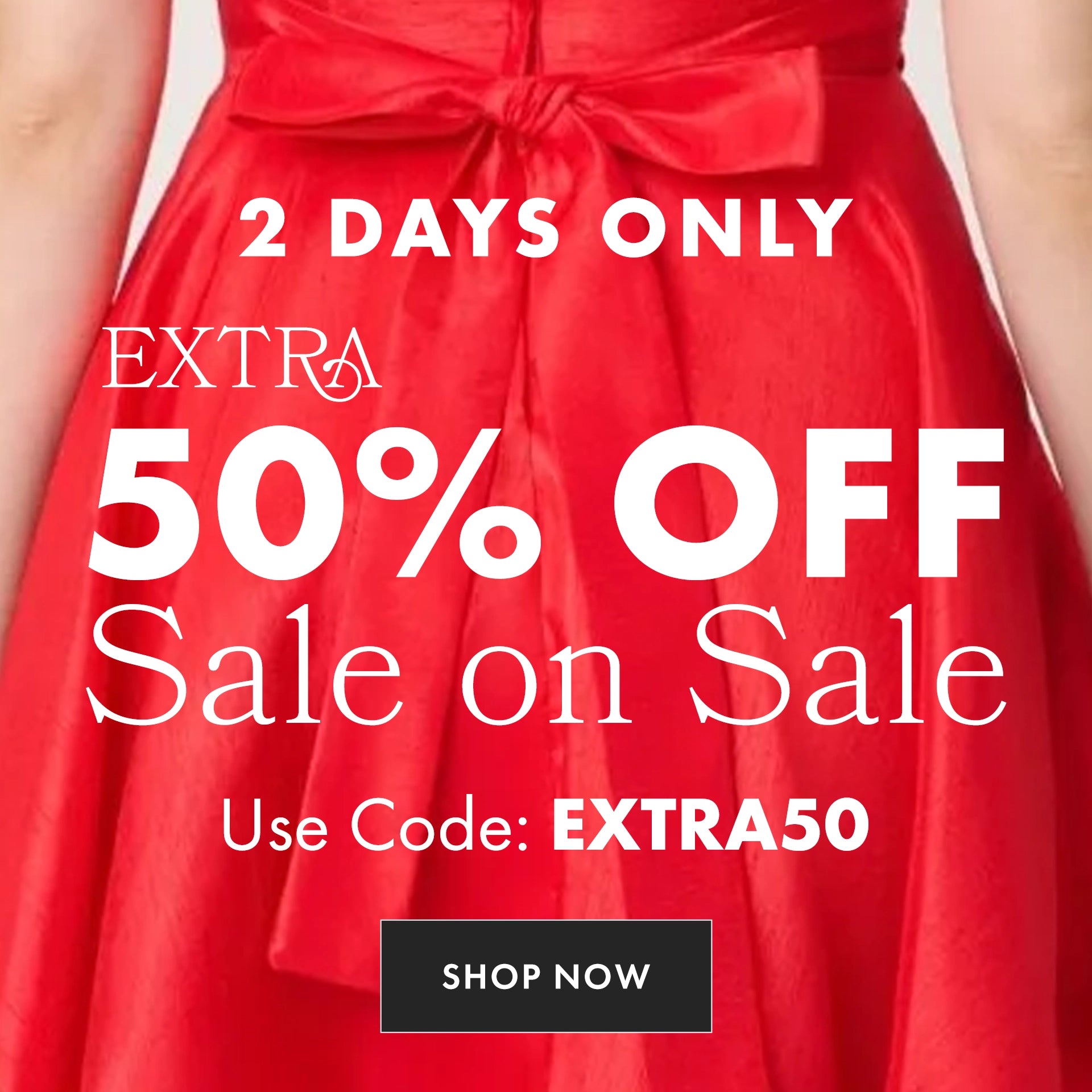Red dress with promotional text for a sale event.