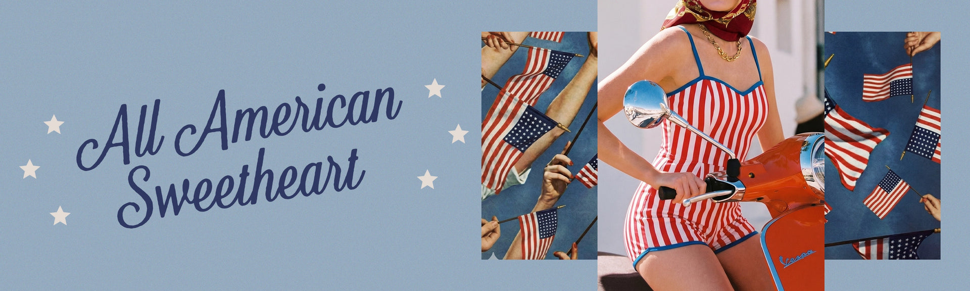 Promotional banner for 'All American Sweetheart' with patriotic-themed clothing and accessories.