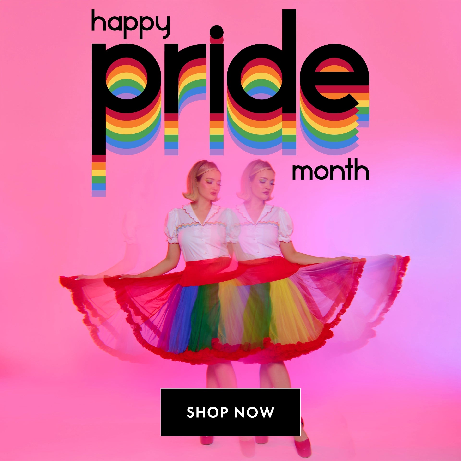 Promotional image for Pride Month with a person wearing a colorful skirt and 'happy pride month' text on a pink background.
