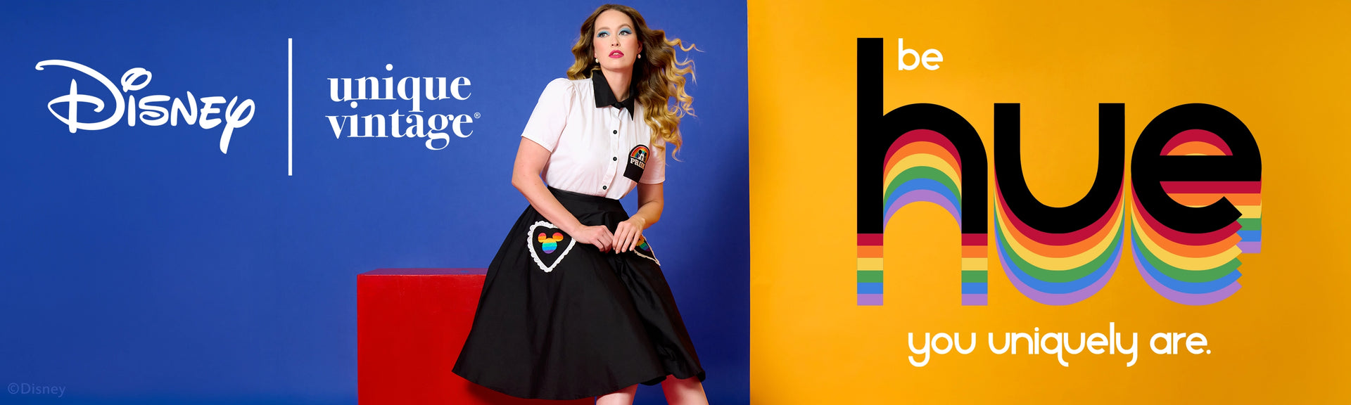 Collage of Disney, Unique Vintage, and Be Hue logos with a woman holding a rainbow heart.