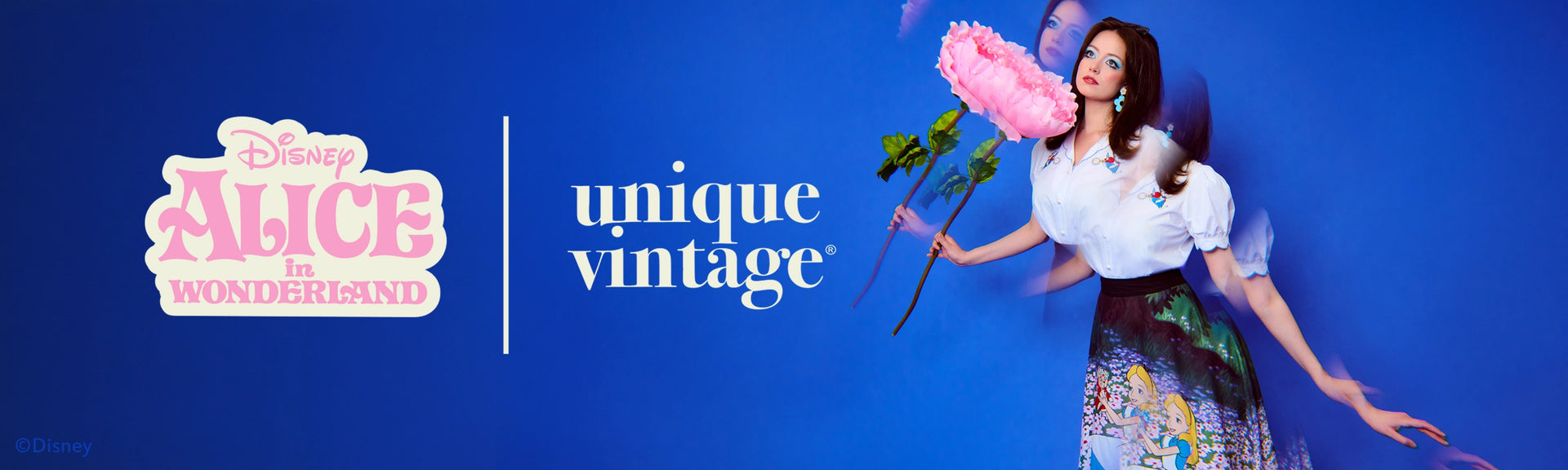 Collaboration between Disney Alice in Wonderland and Unique Vintage on a blue background
