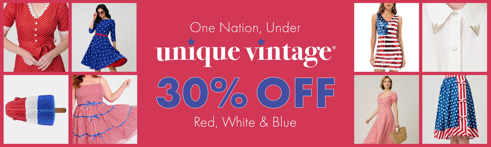Promotional banner for unique vintage with 30% off on red, white, and blue clothing.