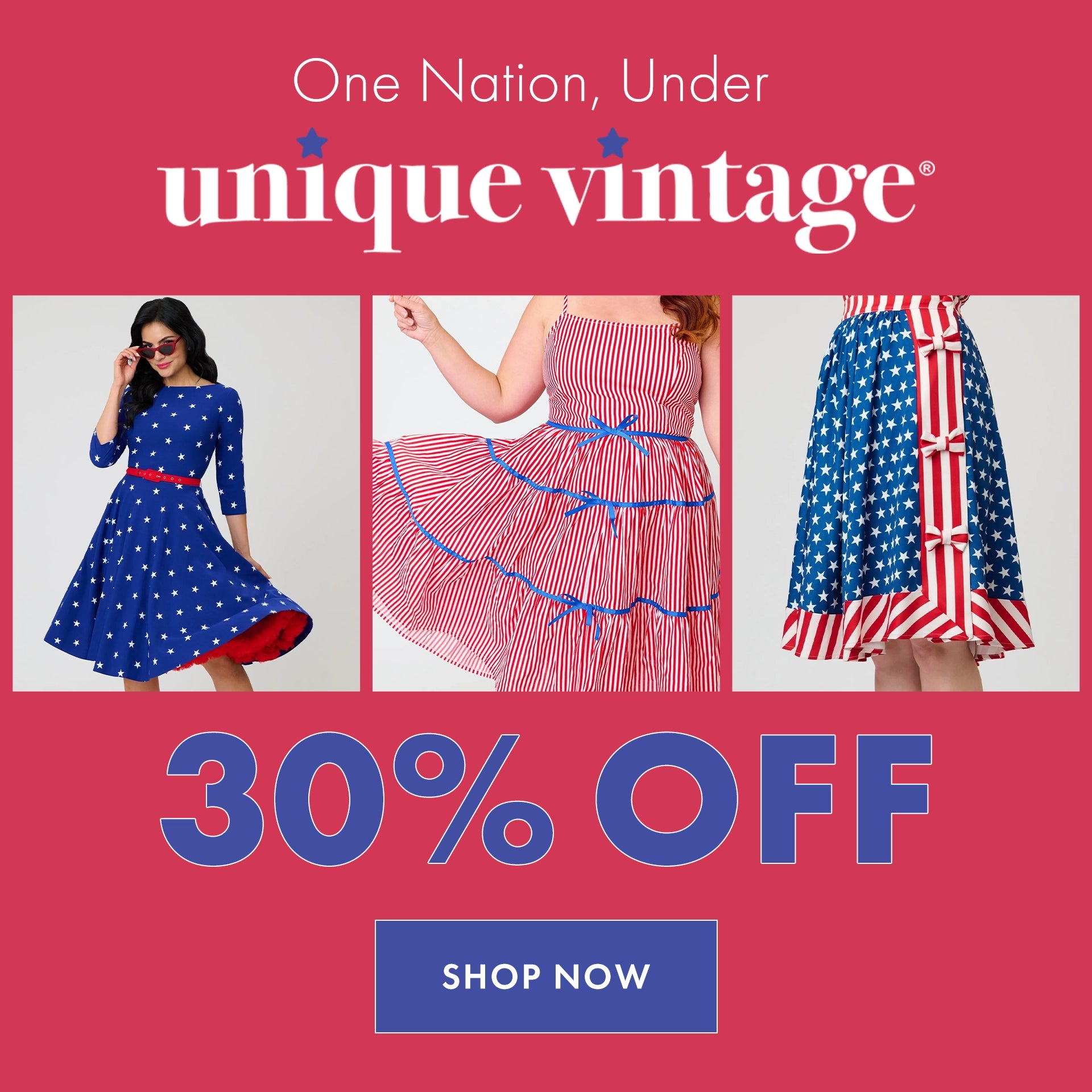 Promotional banner for unique vintage with three dresses and a '30% off' discount offer.