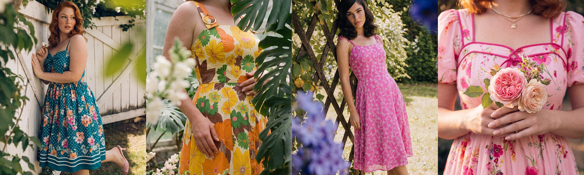 Four women wearing colorful dresses in a garden setting.