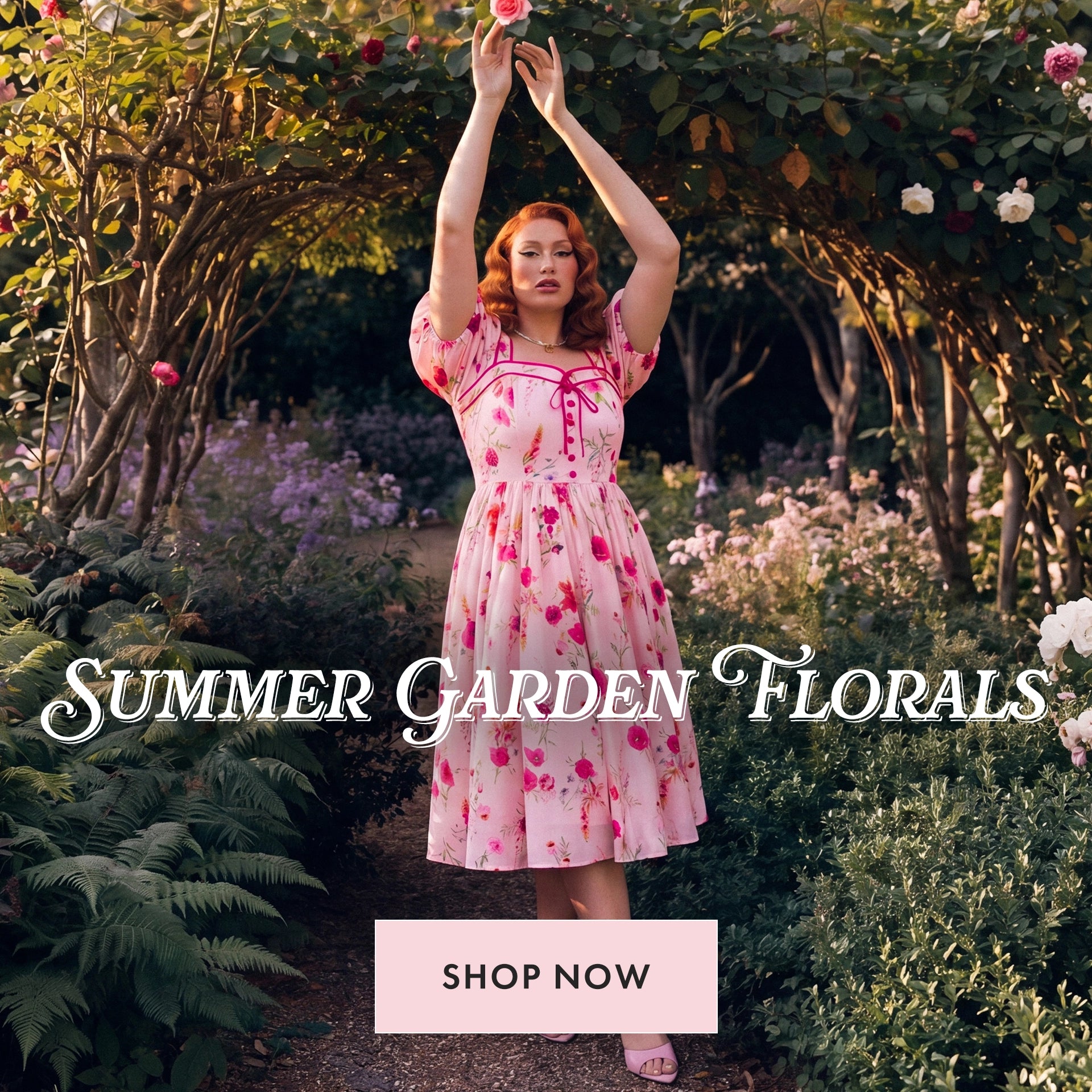 Woman in a floral dress standing in a garden with text overlay 'Summer Garden Florals' and 'Shop Now'.